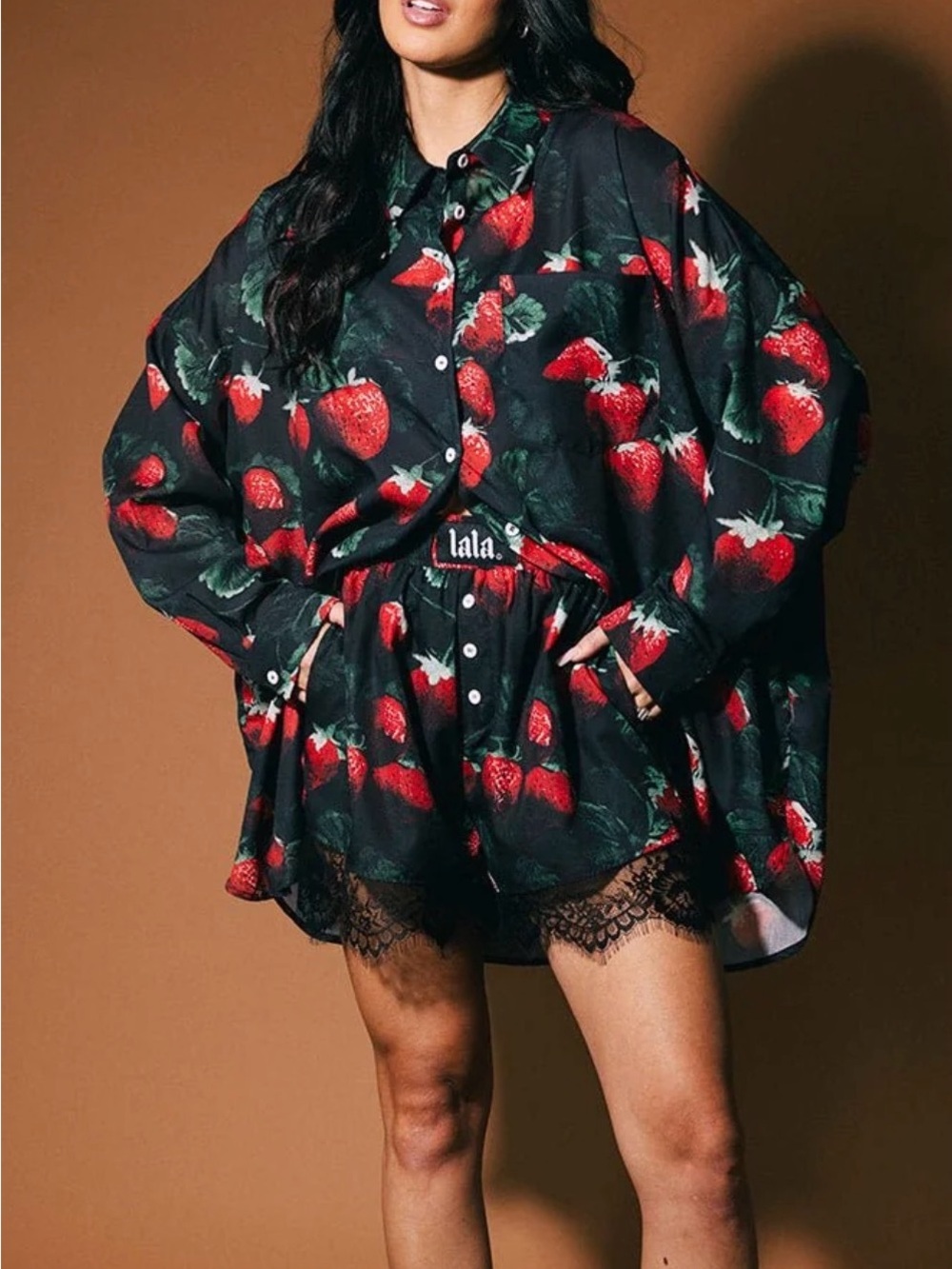 Dressed in LALA Black Strawberry Print Button-Up Blouse